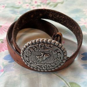 Wrangler Kids Brown Leather Belt with Silver Floral Oval Buckle